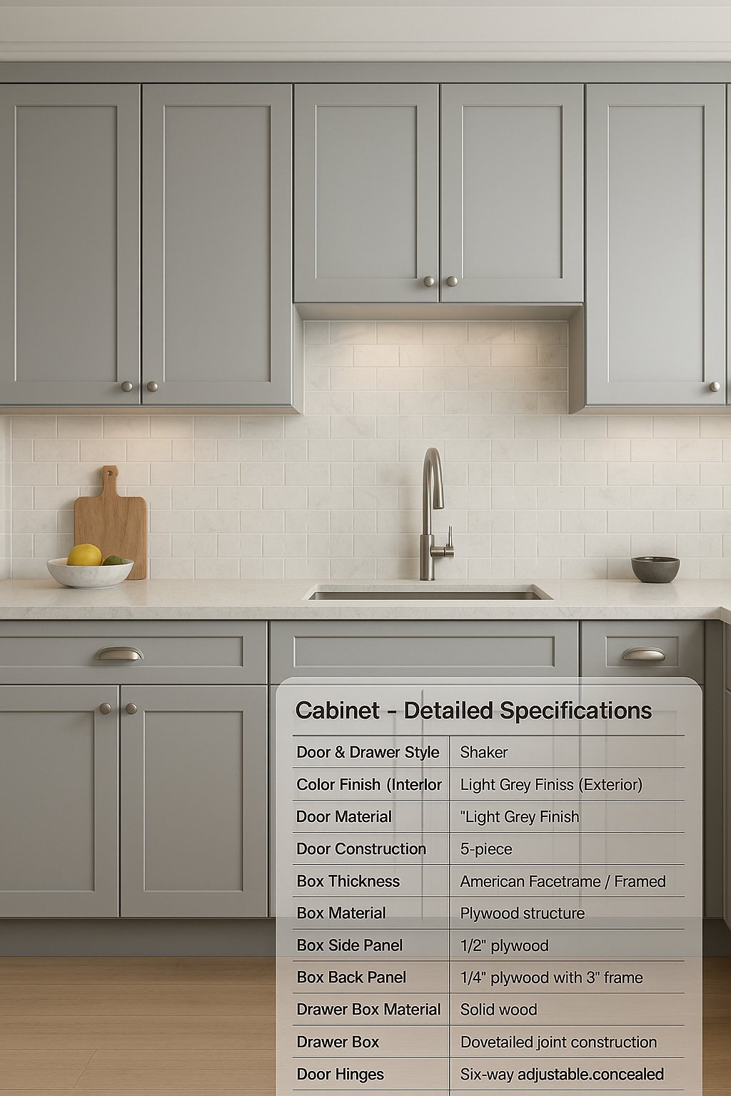 Light Gray Shaker Cabinet – Solid Wood Face Frame Cabinet with Soft Close Drawers RJ Design & Material